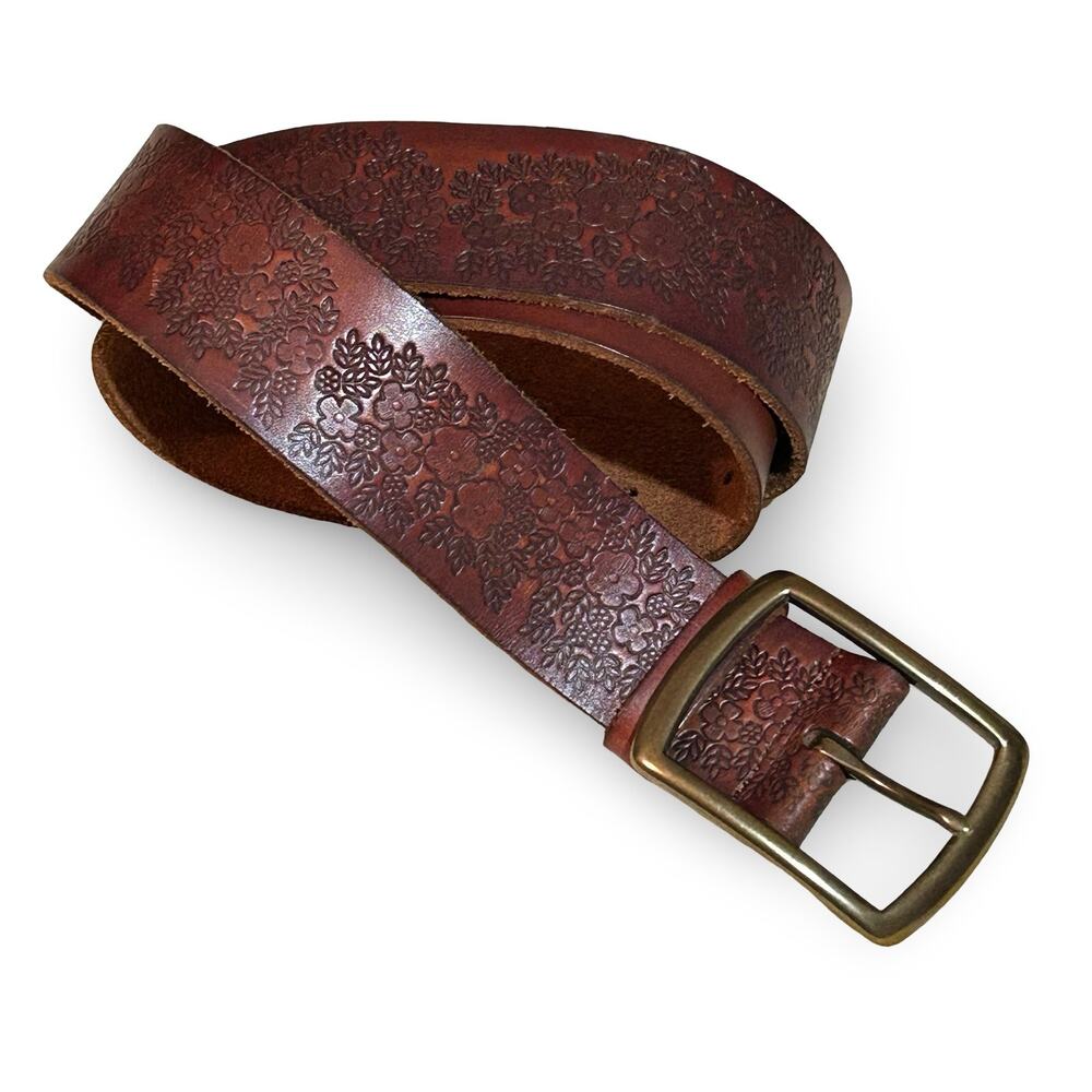 Vintage 90s Lucky Brand Brown Leather Floral Embossed Belt Brass